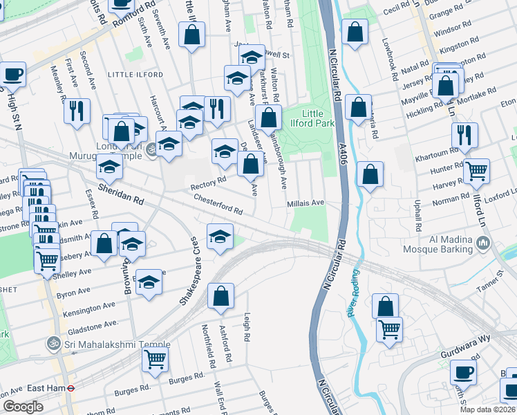 map of restaurants, bars, coffee shops, grocery stores, and more near 385A Dersingham Avenue in Greater London