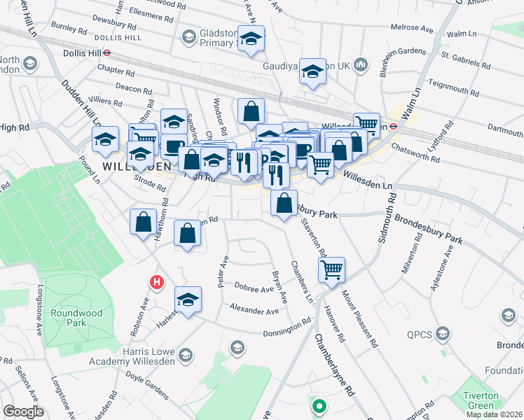 map of restaurants, bars, coffee shops, grocery stores, and more near Grange Road in Greater London