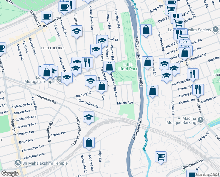 map of restaurants, bars, coffee shops, grocery stores, and more near in Greater London