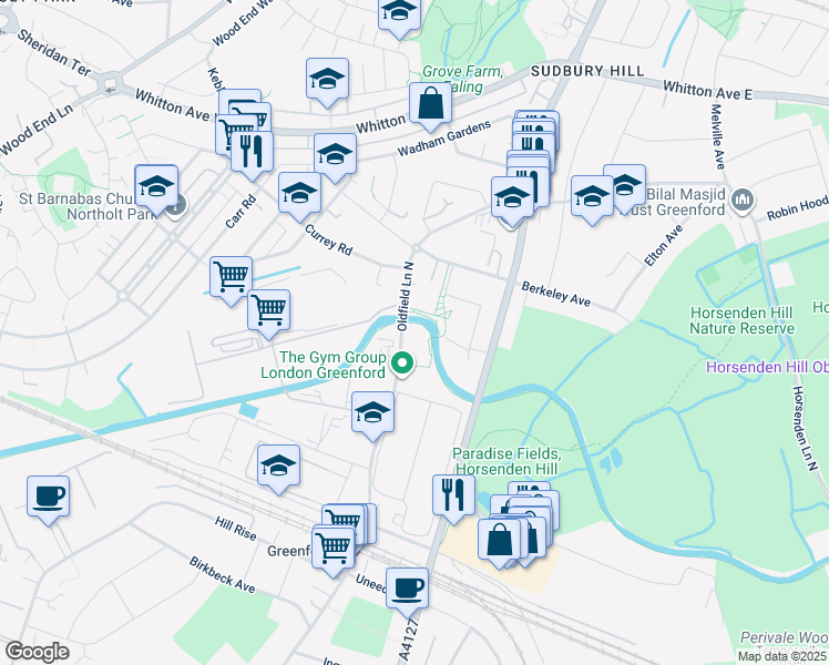 map of restaurants, bars, coffee shops, grocery stores, and more near 470 Oldfield Lane North in Greater London