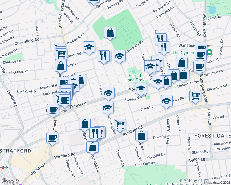 map of restaurants, bars, coffee shops, grocery stores, and more near 86 Forest Lane in London