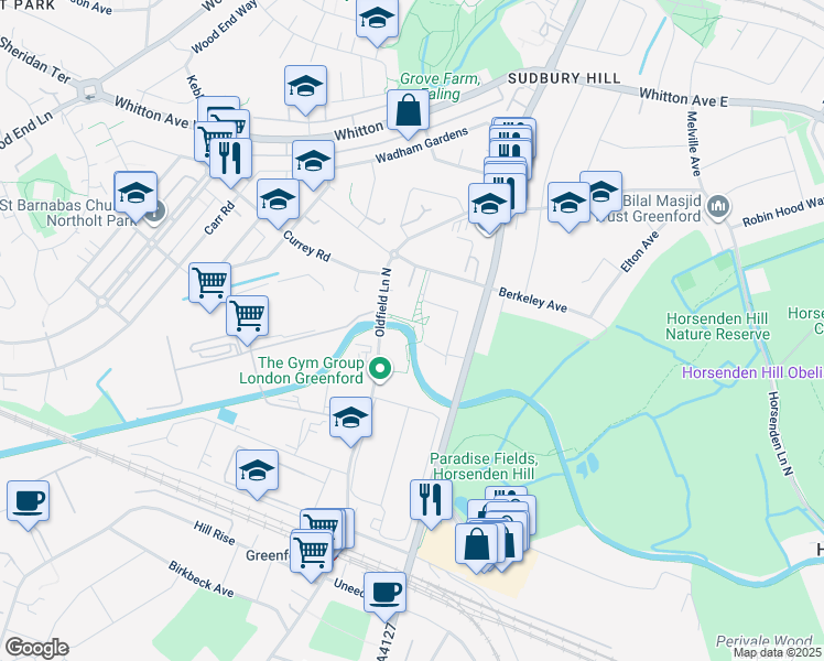 map of restaurants, bars, coffee shops, grocery stores, and more near 470 Oldfield Lane North in Greater London
