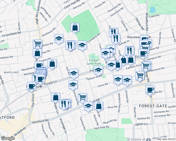 map of restaurants, bars, coffee shops, grocery stores, and more near 86 Forest Lane in Greater London