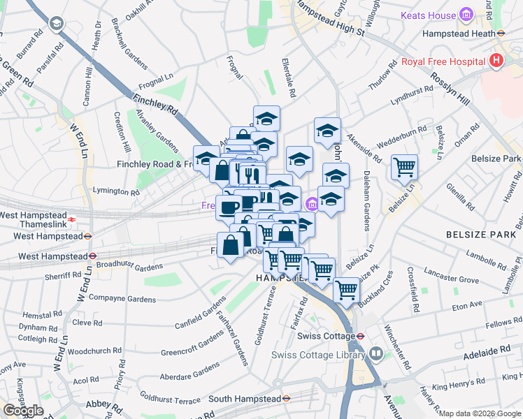 map of restaurants, bars, coffee shops, grocery stores, and more near 152 Finchley Road in Greater London
