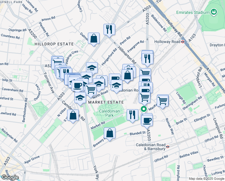 map of restaurants, bars, coffee shops, grocery stores, and more near 32 North Road in Greater London