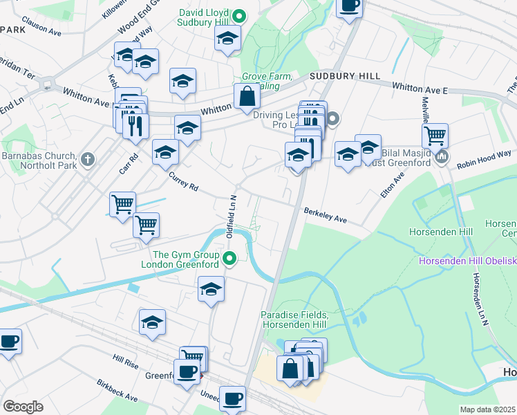 map of restaurants, bars, coffee shops, grocery stores, and more near Tillermans Court in Greater London
