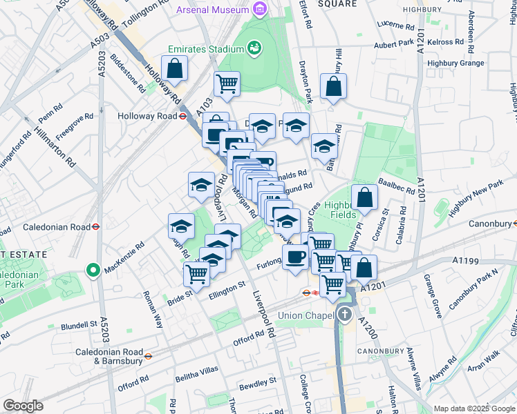 map of restaurants, bars, coffee shops, grocery stores, and more near 131 Holloway Road in Greater London