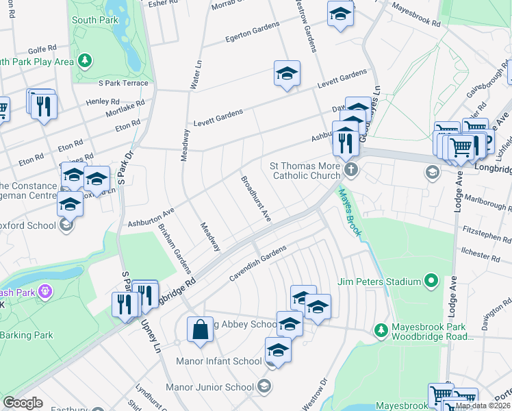 map of restaurants, bars, coffee shops, grocery stores, and more near 38 Broadhurst Avenue in Greater London