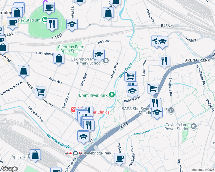 map of restaurants, bars, coffee shops, grocery stores, and more near Monks Park in Greater London