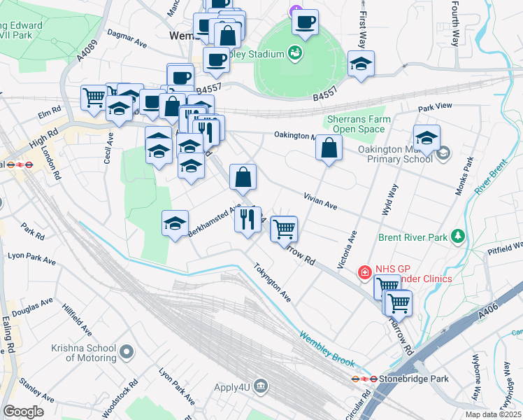 map of restaurants, bars, coffee shops, grocery stores, and more near 228 Harrow Road in Greater London