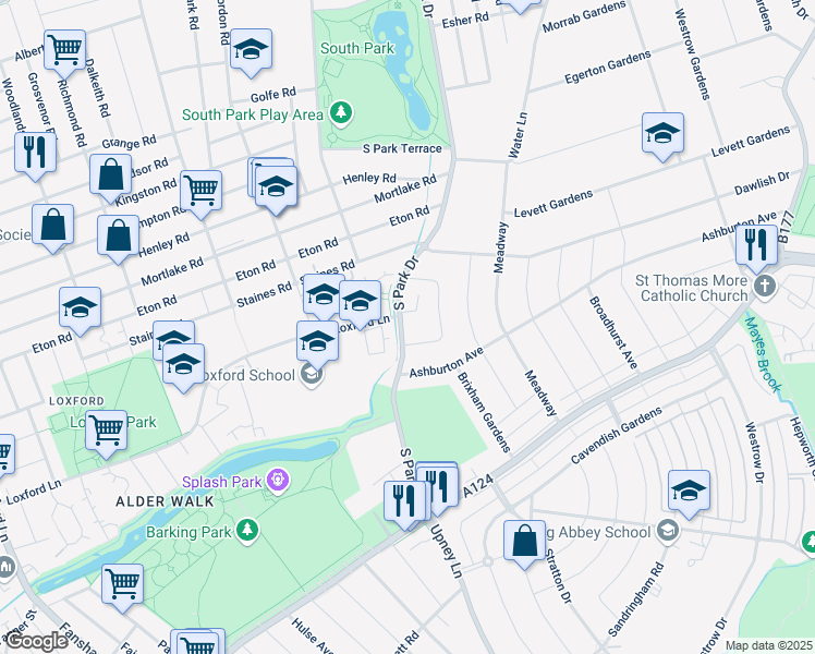 map of restaurants, bars, coffee shops, grocery stores, and more near 245 South Park Drive in Greater London