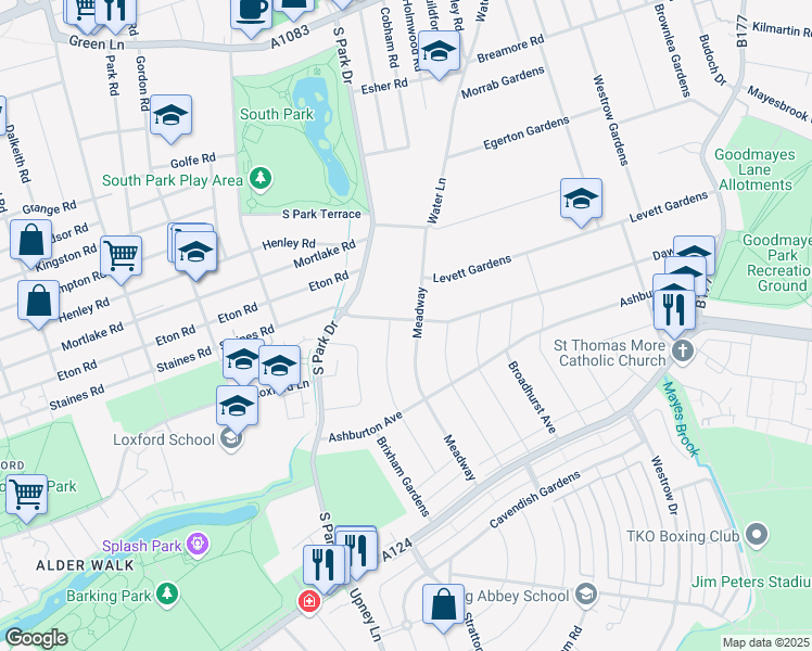 map of restaurants, bars, coffee shops, grocery stores, and more near 36 Dawlish Drive in Greater London