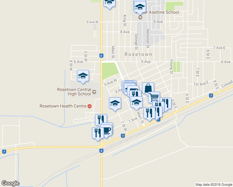 map of restaurants, bars, coffee shops, grocery stores, and more near 118 4 Avenue in Rosetown