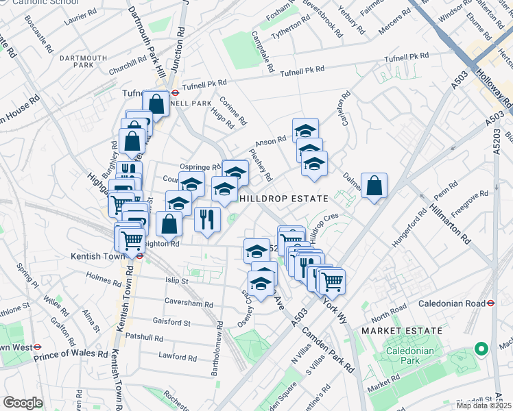 map of restaurants, bars, coffee shops, grocery stores, and more near Brecknock Road in Greater London