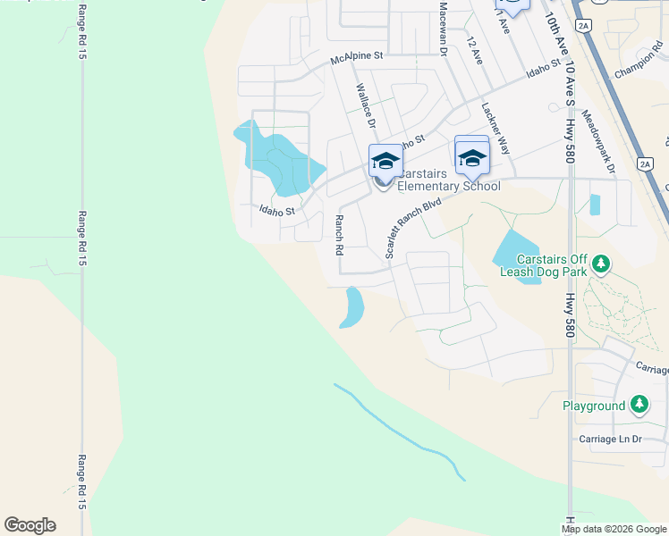 map of restaurants, bars, coffee shops, grocery stores, and more near 738 Ranch Crescent in Carstairs
