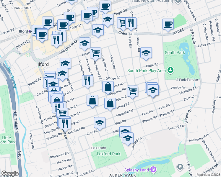 map of restaurants, bars, coffee shops, grocery stores, and more near in Ilford