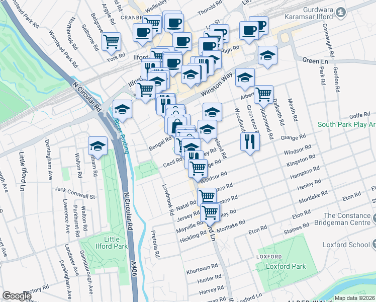 map of restaurants, bars, coffee shops, grocery stores, and more near in Ilford