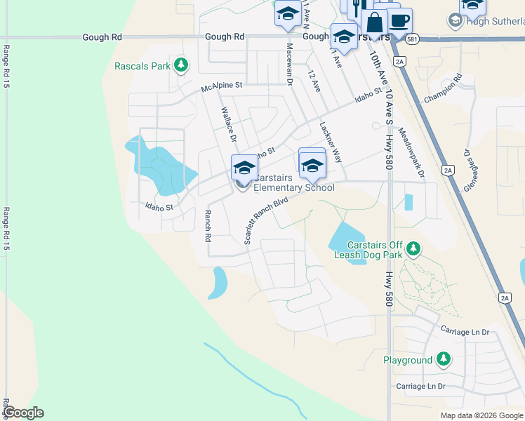 map of restaurants, bars, coffee shops, grocery stores, and more near 1404 Scarlett Ranch Boulevard in Carstairs