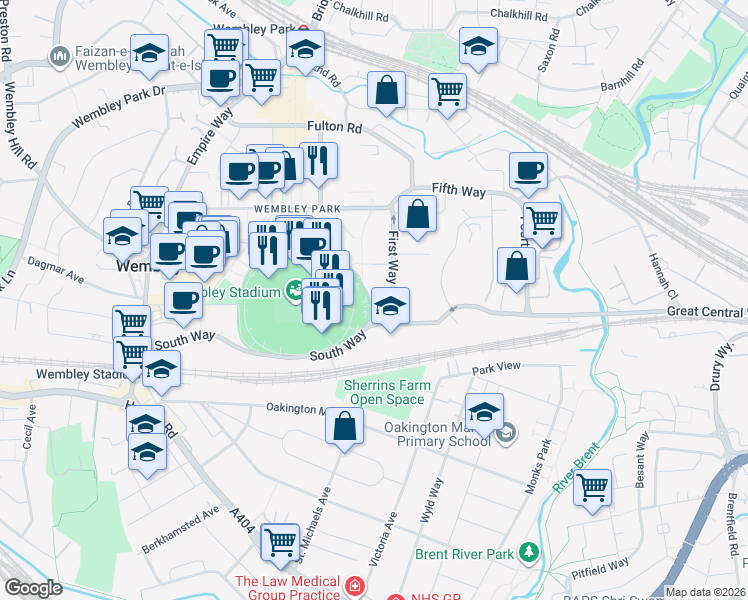 map of restaurants, bars, coffee shops, grocery stores, and more near 1 First Way in Greater London