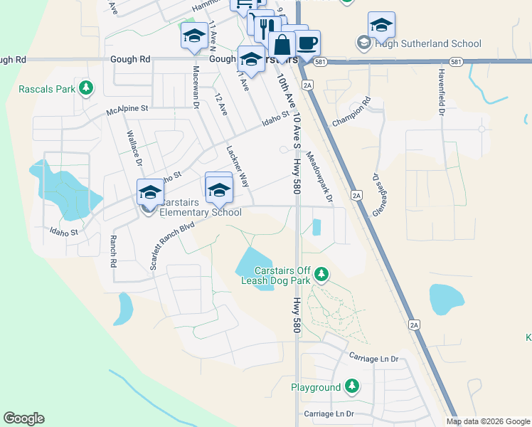 map of restaurants, bars, coffee shops, grocery stores, and more near 5 Scarlett Ranch Boulevard in Carstairs