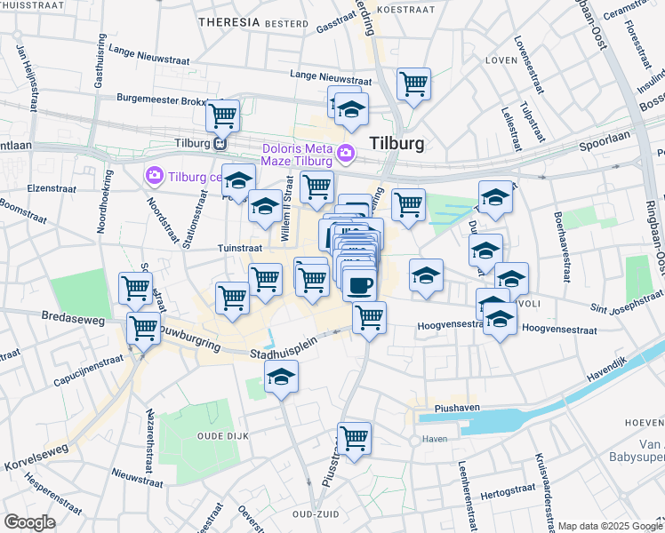 map of restaurants, bars, coffee shops, grocery stores, and more near 16 Heuvelstraat in Tilburg