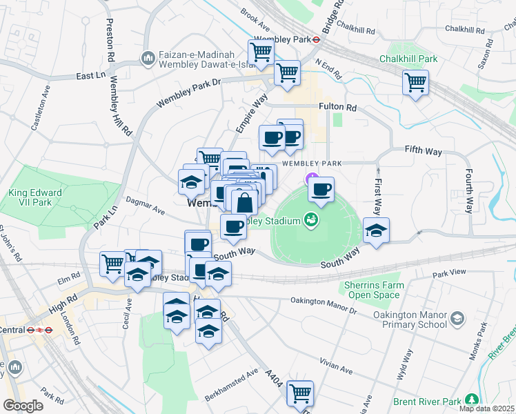 map of restaurants, bars, coffee shops, grocery stores, and more near Wembley Park Boulevard in Greater London
