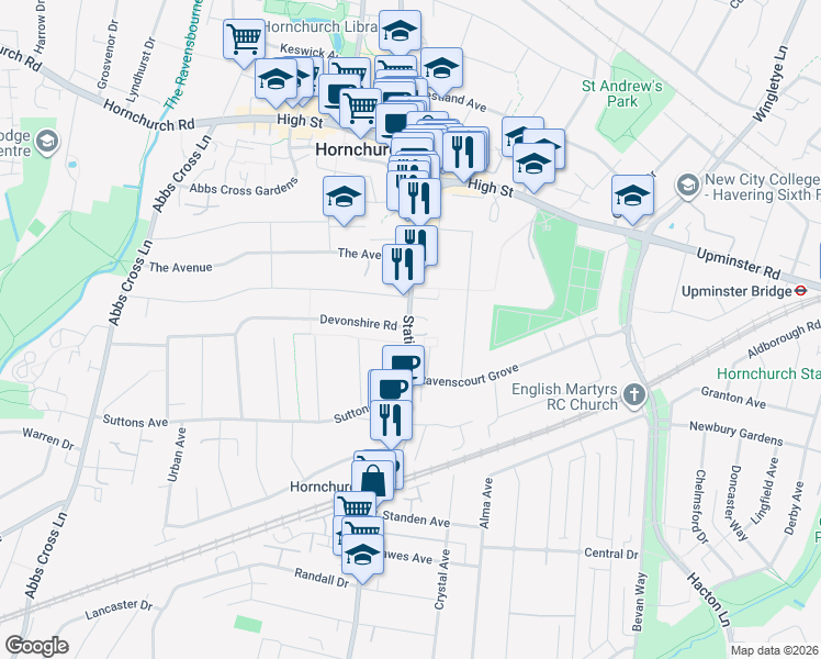 map of restaurants, bars, coffee shops, grocery stores, and more near  in Hornchurch
