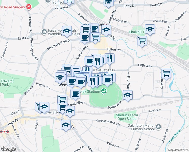 map of restaurants, bars, coffee shops, grocery stores, and more near Wembley Park Boulevard in Greater London