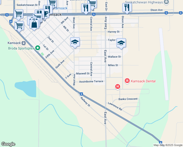 map of restaurants, bars, coffee shops, grocery stores, and more near Maxwell Street in Kamsack