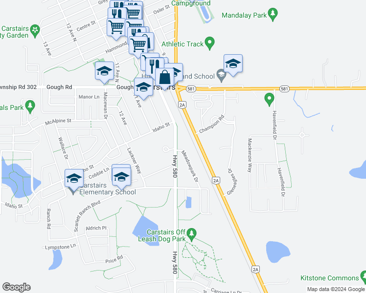 map of restaurants, bars, coffee shops, grocery stores, and more near 104 Meadowpark Drive in Carstairs