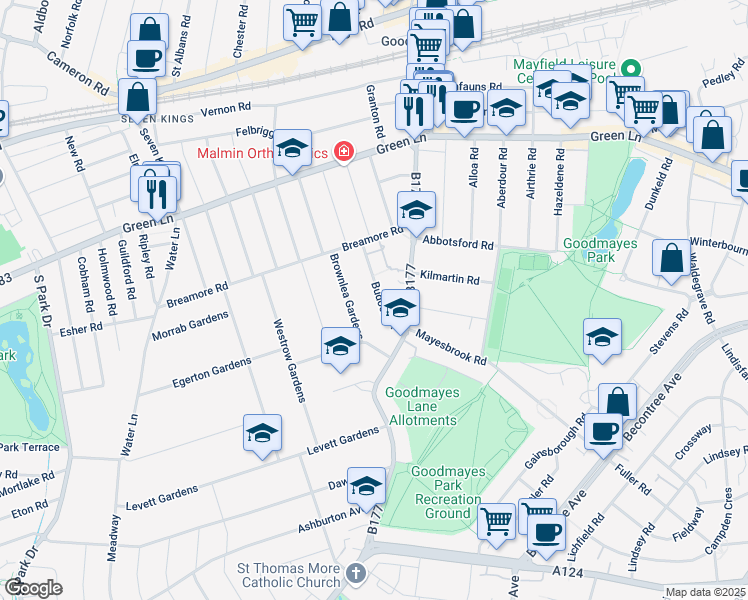 map of restaurants, bars, coffee shops, grocery stores, and more near Budoch Drive in Greater London