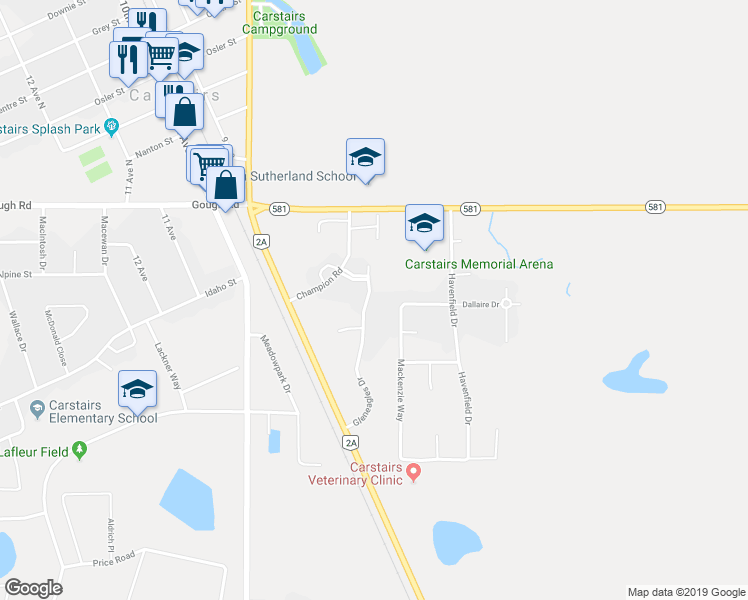 map of restaurants, bars, coffee shops, grocery stores, and more near 1109 Gleneagles Drive in Carstairs