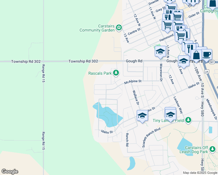 map of restaurants, bars, coffee shops, grocery stores, and more near 1538 McAlpine Street in Carstairs