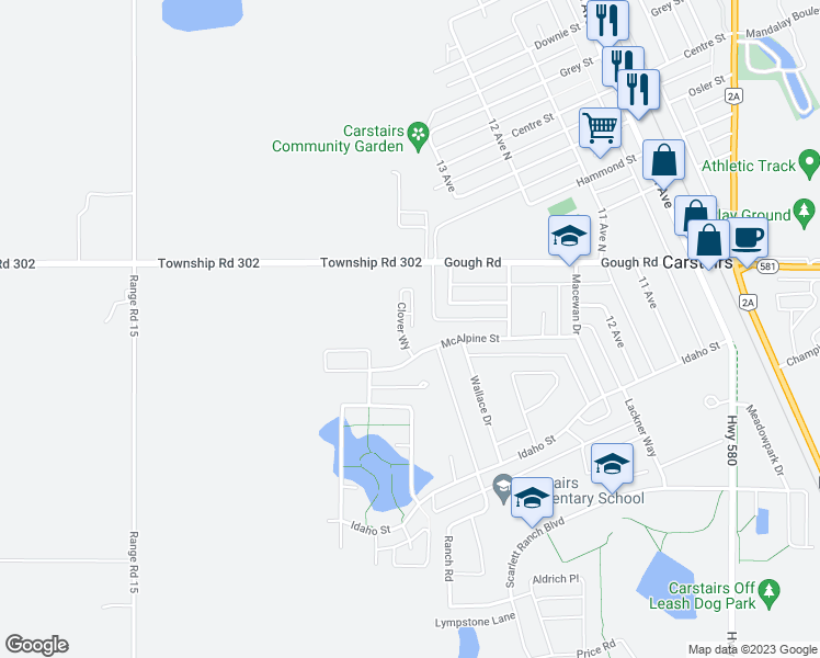 map of restaurants, bars, coffee shops, grocery stores, and more near 1508 McAlpine Street in Carstairs