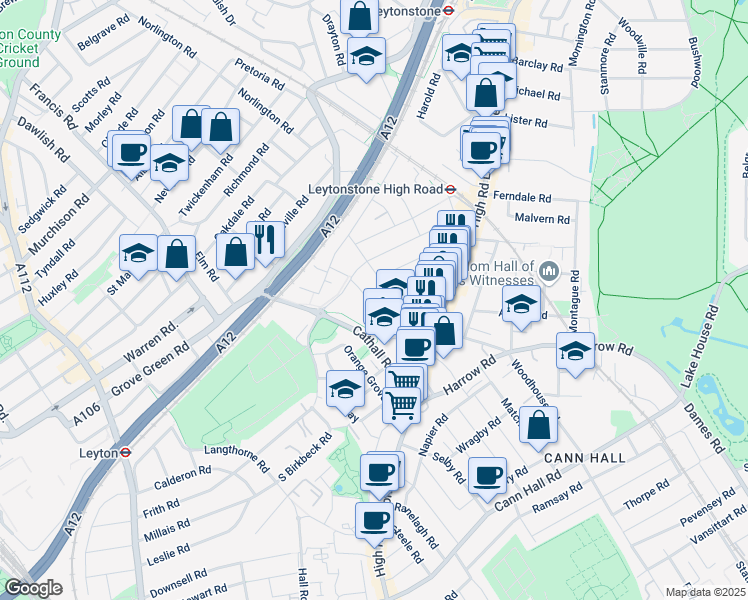 map of restaurants, bars, coffee shops, grocery stores, and more near in Greater London