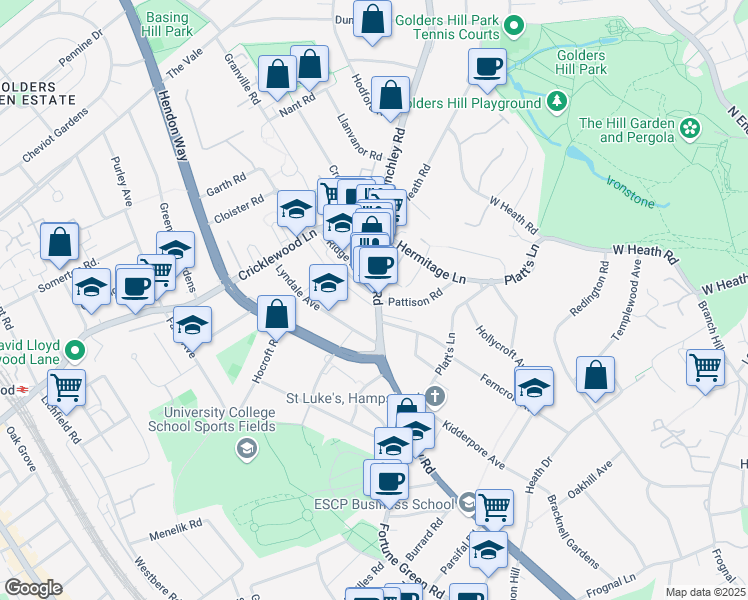 map of restaurants, bars, coffee shops, grocery stores, and more near  in Greater London