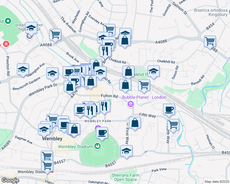 map of restaurants, bars, coffee shops, grocery stores, and more near 577 North End Road in London