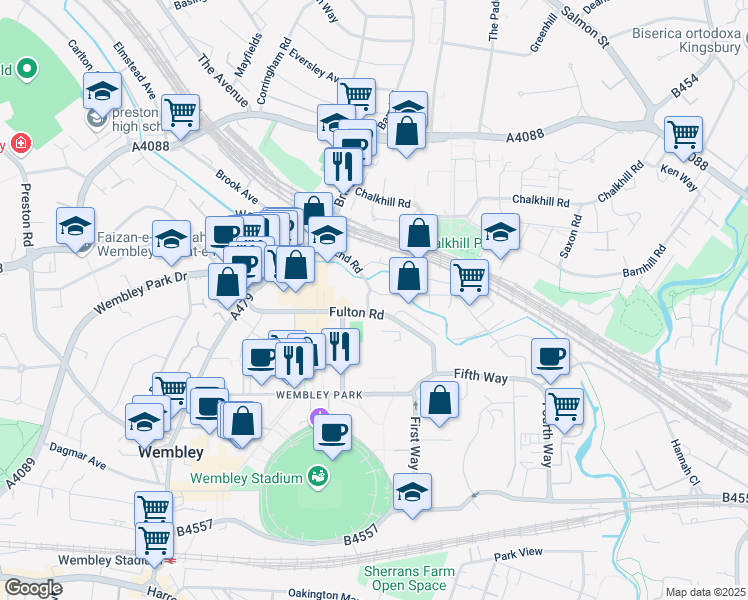 map of restaurants, bars, coffee shops, grocery stores, and more near 577 North End Road in London