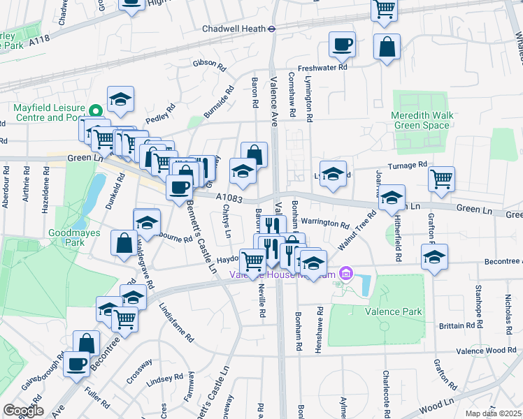 map of restaurants, bars, coffee shops, grocery stores, and more near 155 Baron Road in Greater London
