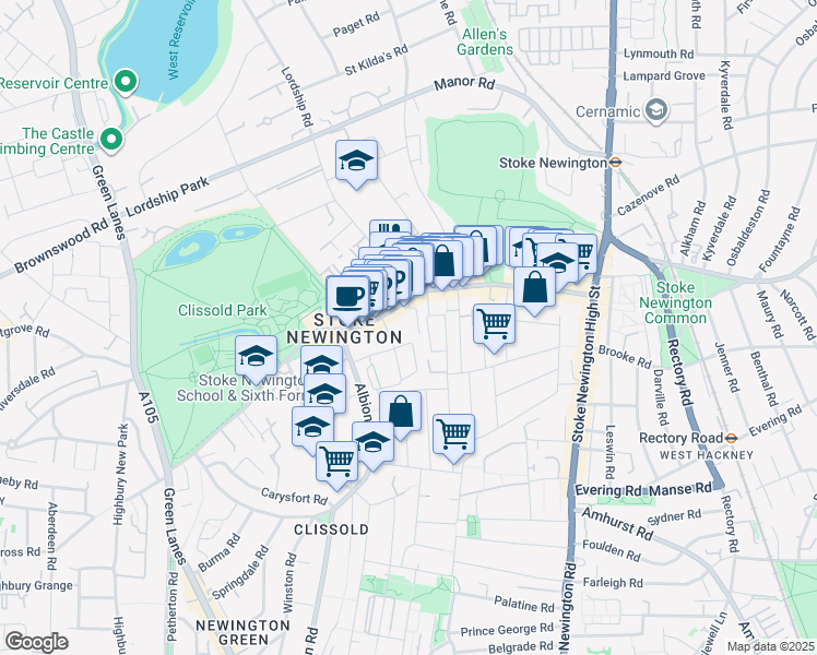 map of restaurants, bars, coffee shops, grocery stores, and more near 145 Stoke Newington Church Street in Greater London