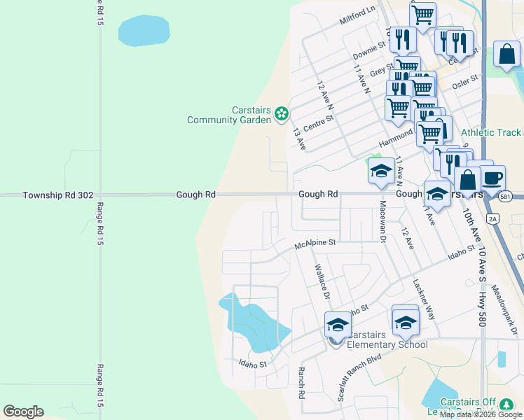 map of restaurants, bars, coffee shops, grocery stores, and more near 1538 McAlpine Street in Carstairs