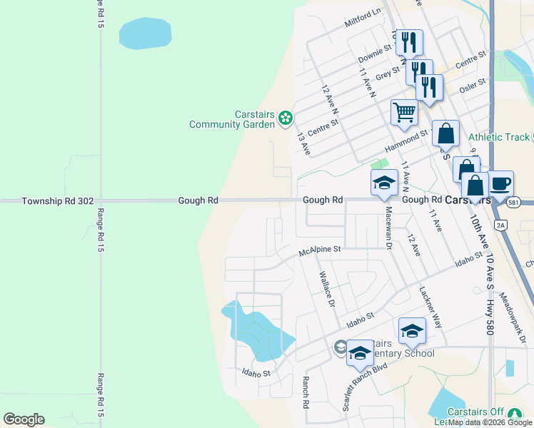 map of restaurants, bars, coffee shops, grocery stores, and more near 1538 McAlpine Street in Carstairs