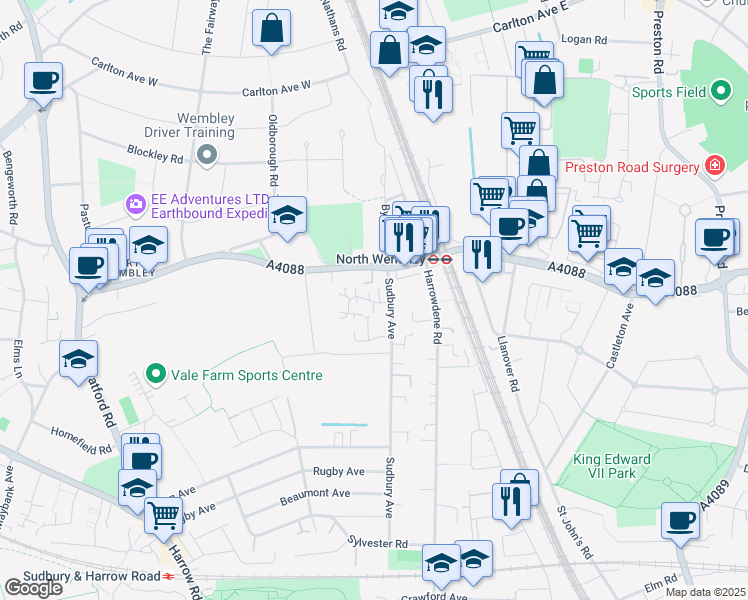 map of restaurants, bars, coffee shops, grocery stores, and more near Conifer Way in Greater London