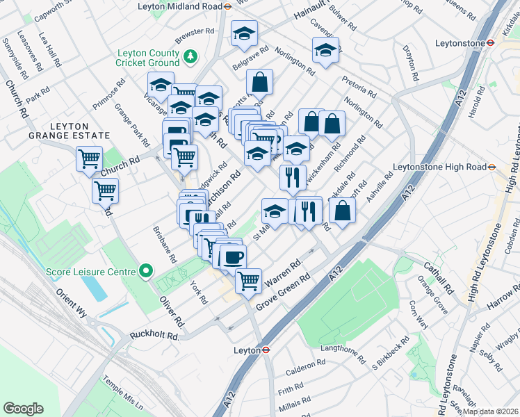 map of restaurants, bars, coffee shops, grocery stores, and more near 187 Huxley Road in Greater London