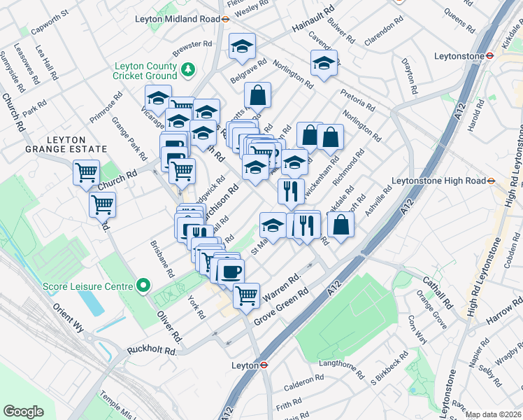 map of restaurants, bars, coffee shops, grocery stores, and more near 187 Huxley Road in Greater London