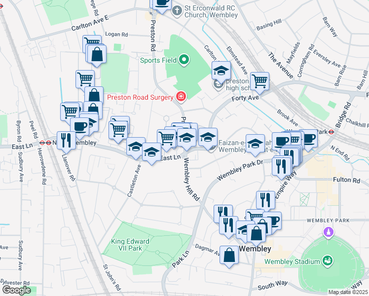 map of restaurants, bars, coffee shops, grocery stores, and more near Preston Road in Greater London