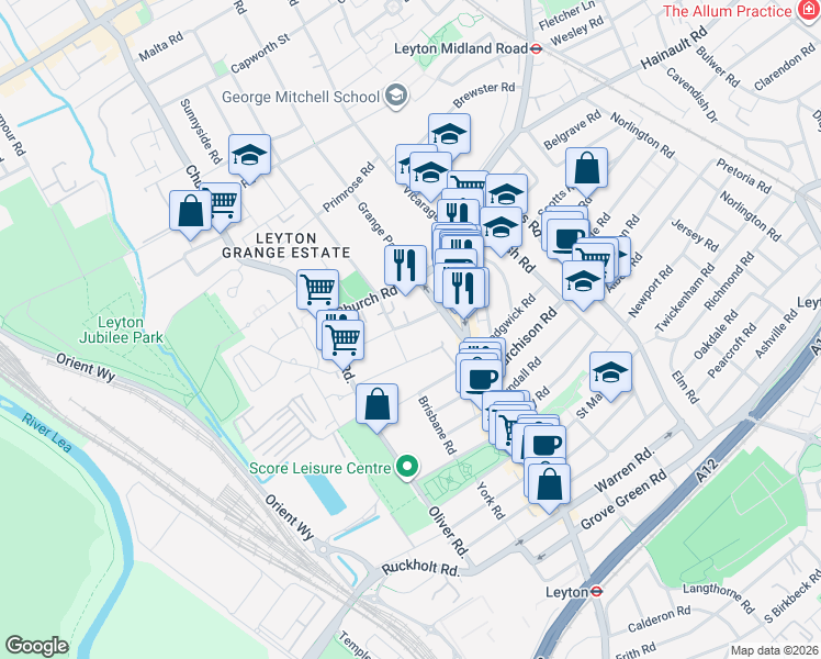 map of restaurants, bars, coffee shops, grocery stores, and more near in Greater London