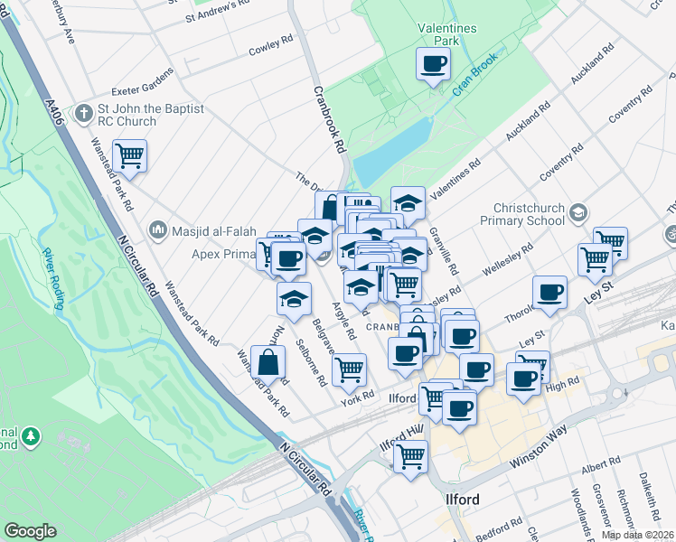 map of restaurants, bars, coffee shops, grocery stores, and more near in Ilford