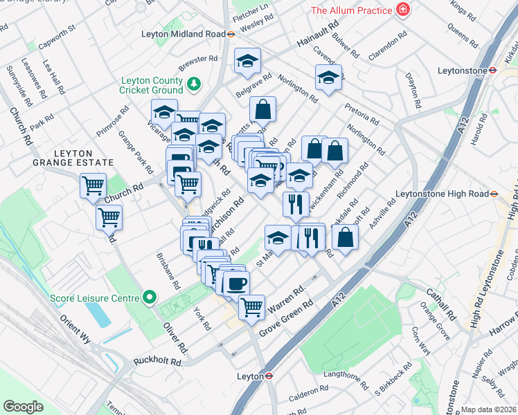 map of restaurants, bars, coffee shops, grocery stores, and more near 187 Huxley Road in Greater London
