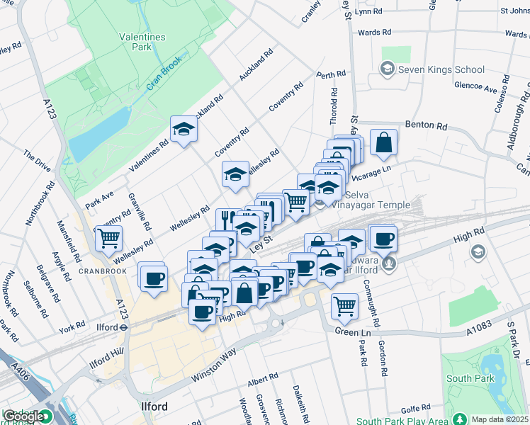 map of restaurants, bars, coffee shops, grocery stores, and more near in Ilford